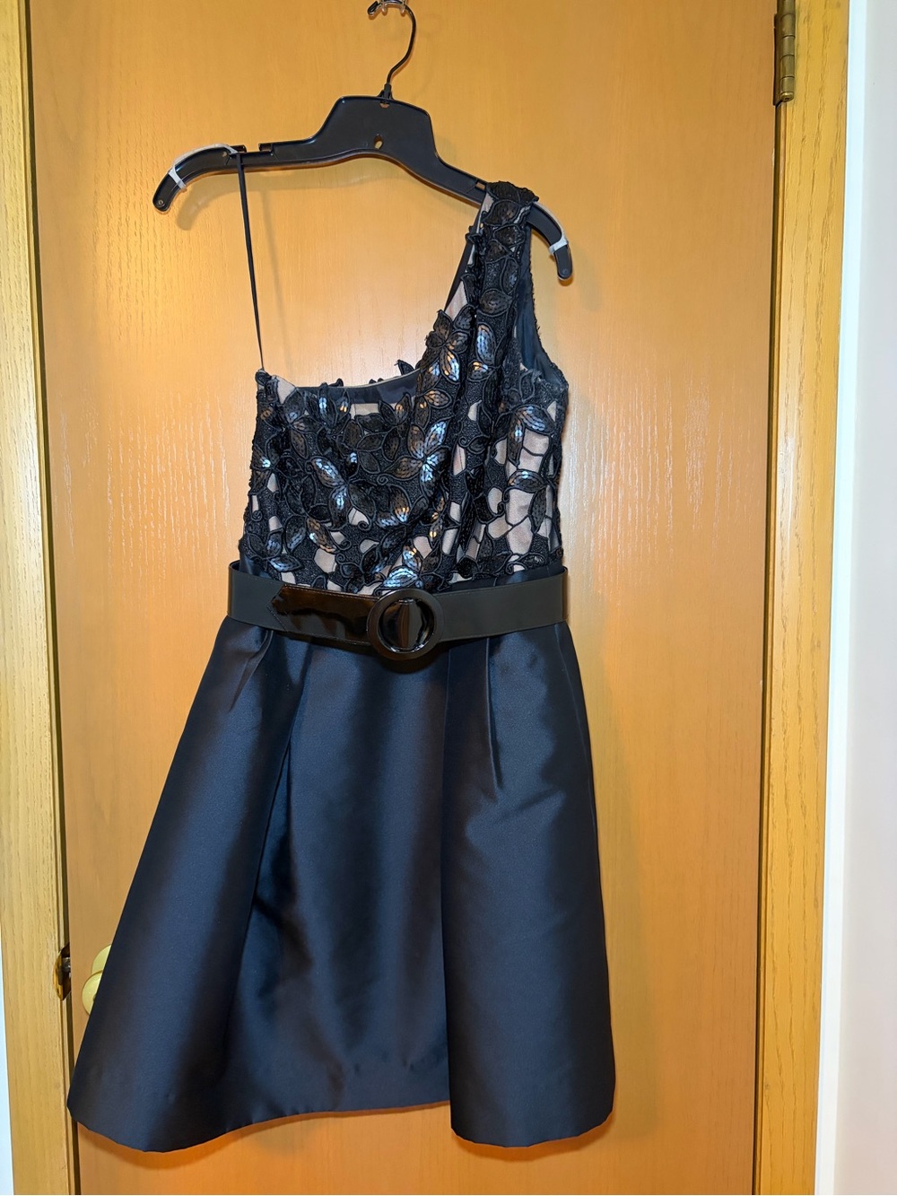 Theia Black One-Shoulder Lace & Satin Party Dress with Belt